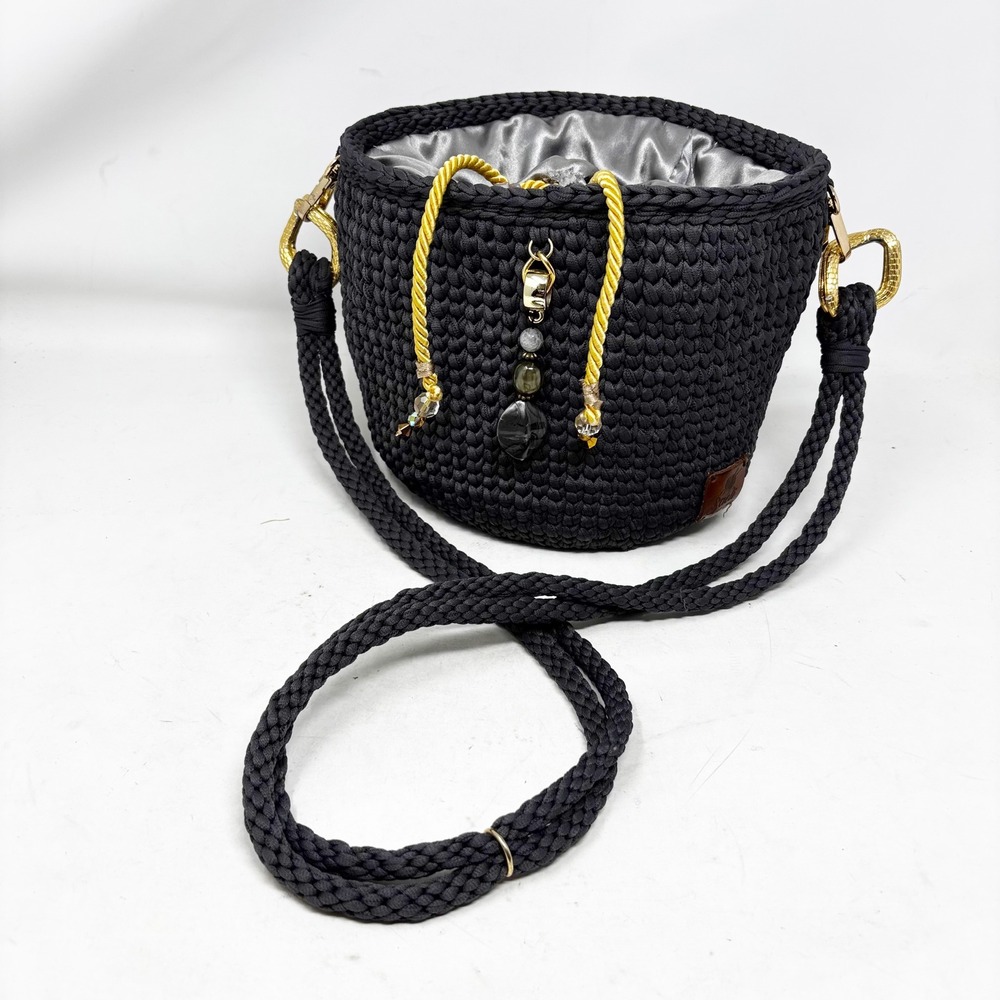 Saeli Handmade Crochet Bucket Bag Charcoal Gray Drawstring Satin Lined Beaded - Picture 13 of 13